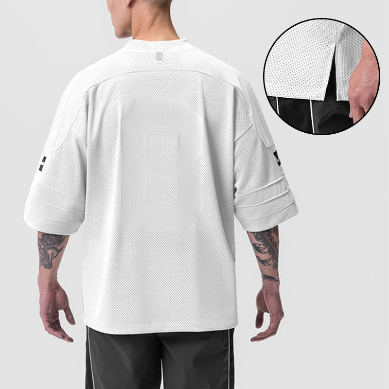 360g Summer Men's T-shirt Loose Large Size V-neck Short-sleeved Men's Shoulder-length Sleeves Mesh Quick-drying Sports Basketball Clothes