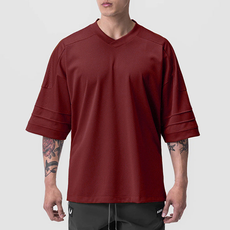 360g Summer Men's T-shirt Loose Large Size V-neck Short-sleeved Men's Shoulder-length Sleeves Mesh Quick-drying Sports Basketball Clothes