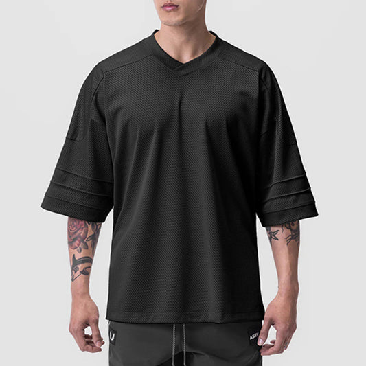360g Summer Men's T-shirt Loose Large Size V-neck Short-sleeved Men's Shoulder-length Sleeves Mesh Quick-drying Sports Basketball Clothes