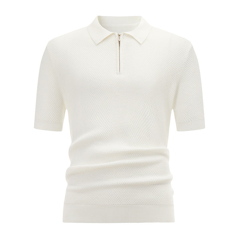 Knitted Mens Zip Collar Cotton Sweater with Short Sleeve HS Code 6109100000 - Customized Item