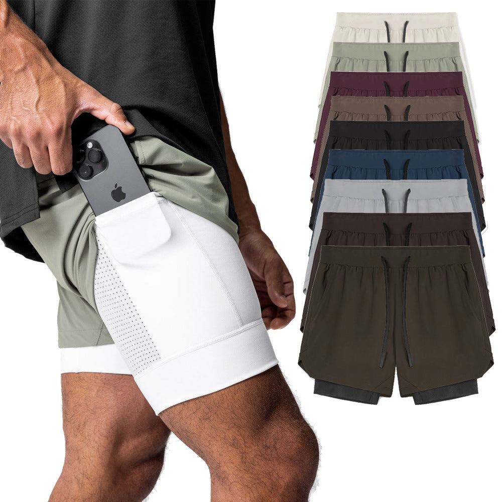 Double-layer shorts fitness sports five-point basketball pants men's brocade ammonia running training elastic quick-drying shorts American European size