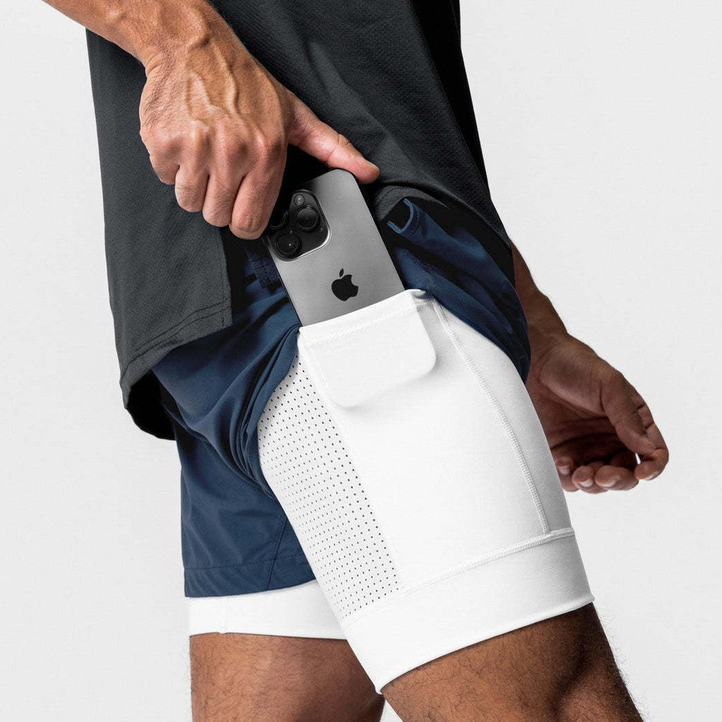 Double-layer shorts fitness sports five-point basketball pants men's brocade ammonia running training elastic quick-drying shorts American European size