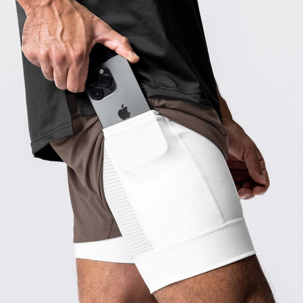 Double-layer shorts fitness sports five-point basketball pants men's brocade ammonia running training elastic quick-drying shorts American European size